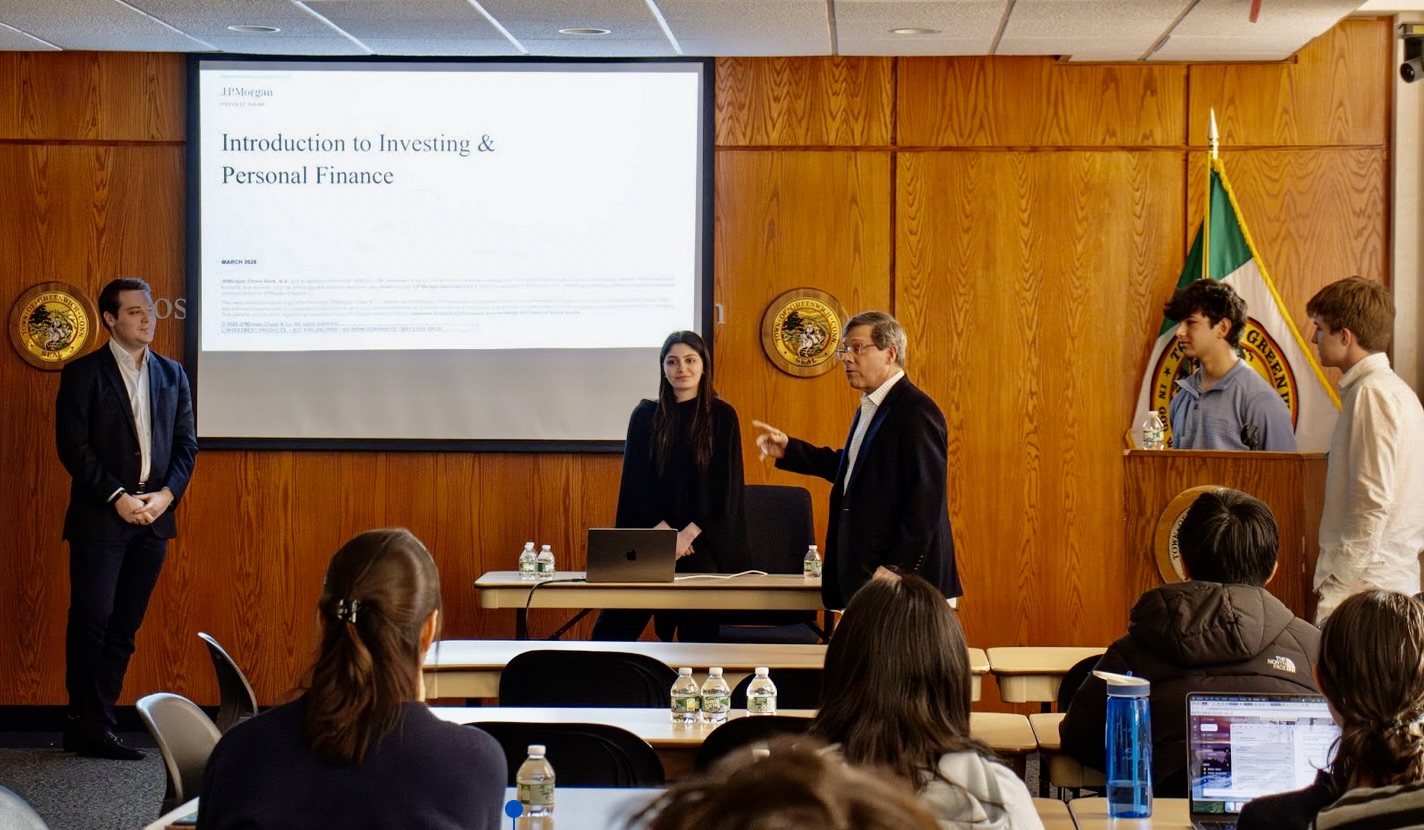 Jackson Lieberman presenting the AI stock prediction agent at Greenwich Town Hall